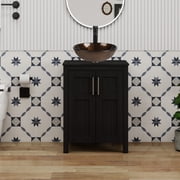 YU YUSING 24 Inch Black Bathroom Vanity Set, 2-Door Cabinet With Round Tempered Glass Above Counter Vessel Sink Vanity Top Freestanding