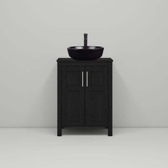 YU YUSING 24 Inch Black Freestanding Single Bathroom Vanity Set, 2-Door Cabinet With Round Ceramic Above-Counter Vessel Sink