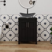 YU YUSING 24 Inch Black Single Bathroom Vanity Cabinet, 2 Door Storage With Boat Shaped Glass Vessel Vessel Sink For Bathroom Restroom