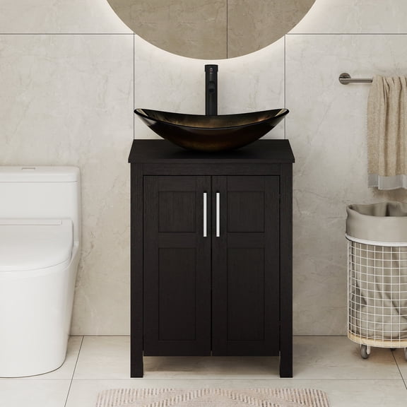 YU YUSING 24 Inch Black Single Bathroom Vanity Cabinet, 2 Door Storage With Boat Shaped Glass Vessel Vessel Sink For Bathroom Restroom