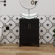 YU YUSING 24 Inch Black Single Bathroom Vanity Cabinet, 2 Door Storage With Boat Shaped Glass Vessel Vessel Sink For Bathroom Restroom