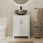 YU YUSING 24 Inch White Bathroom Vanity Set, 2-Door Cabinet With Round Tempered Glass Above Counter Vessel Sink Vanity Top Freestanding