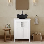 YU YUSING 24 Inch White Freestanding Single Bathroom Vanity Set, 2-Door Cabinet With Round Ceramic Above-Counter Vessel Sink