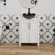 YU YUSING 24 Inch White Freestanding Single Bathroom Vanity Set, 2-Door Cabinet With Round Ceramic Above-Counter Vessel Sink