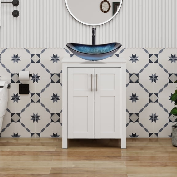 YU YUSING 24 Inch White Single Bathroom Vanity Cabinet, 2 Door Storage With Boat Shaped Glass Vessel Vessel Sink For Bathroom Restroom