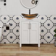 YU YUSING 24 Inch White Single Bathroom Vanity Cabinet, 2 Door Storage With Boat Shaped Glass Vessel Vessel Sink For Bathroom Restroom