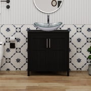 YU YUSING 30 Inch Black Single Bathroom Vanity Cabinet, 2 Door Storage With Boat Shaped Glass Vessel Vessel Sink For Bathroom Restroom
