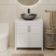 YU YUSING 30 Inch White Bathroom Vanity Set, 2-Door Cabinet With Round Tempered Glass Above Counter Vessel Sink Vanity Top Freestanding