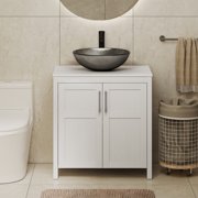 YU YUSING 30 Inch White Bathroom Vanity Set, 2-Door Cabinet With Round Tempered Glass Above Counter Vessel Sink Vanity Top Freestanding