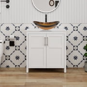 YU YUSING 30 Inch White Single Bathroom Vanity Cabinet, 2 Door Storage With Boat Shaped Glass Vessel Vessel Sink For Bathroom Restroom