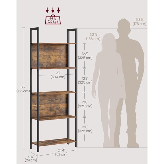 YUAN 5-Tier Bookshelf, 65" Industrial Bookcase with Back Panels, Freestanding Storage Shelf for Living Room, Office, Rustic Brown