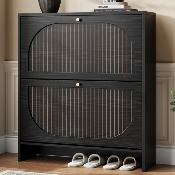 YUAN Shoe Cabinet Storage for Entryway, Narrow Shoe Rack 2 Flip Drawers with 3-Level Adjustable Shelves, 9.5" Slim Cabinet for Small Spaces, Midnight Black Wood Storage Cabinets Fits Size 12+