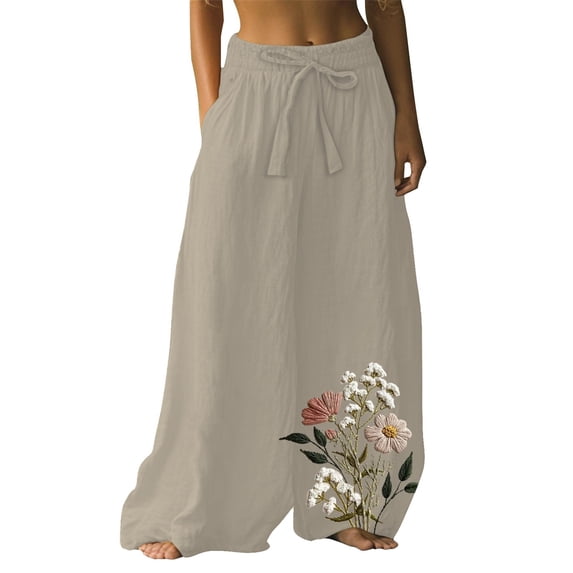 YUANGUANST Wide Leg Pants Woman Holiday Style Retro Linen Floral Ethnic Print Casual Pants For Women – Comfortable Relaxed Fit Perfect For Summer Beach And Vacation Wear Office Slacks