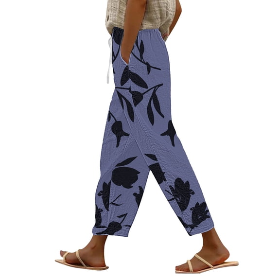 YUANGUANST Wide Leg Pants Woman Linen Pants Women Summer Wide Leg Pants Elastic Waist Pants High Waisted Pants Casual Beach Trousers Office Slacks