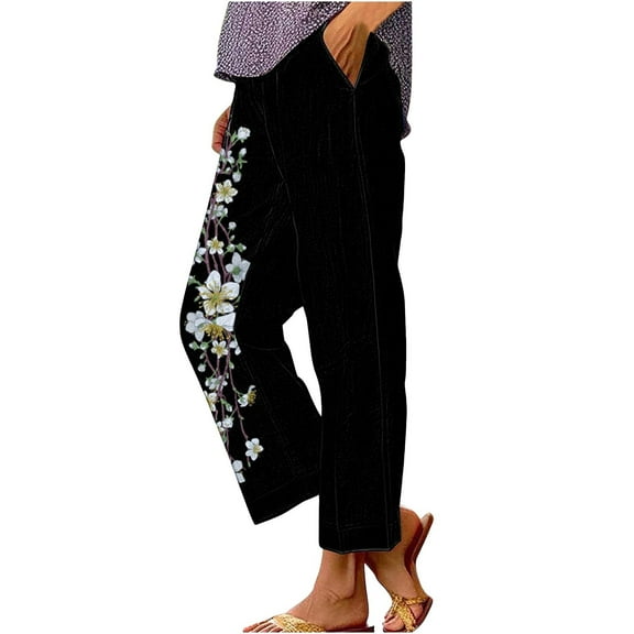 YUANGUANST Wide Leg Pants Woman Summer Linen Pants For Women Wide Leg Boho Pants Loose Palazzo Pants Floral Pants With And Pockets Office Slacks