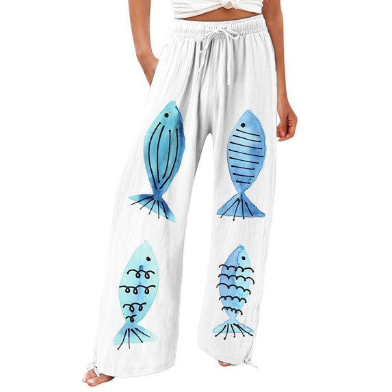 YUANGUANST Wide Leg Pants Woman Women's Beach Boho Style Loose Casual Straight Leg Pants Office Slacks