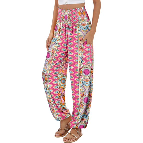 YUANGUANST Wide Leg Pants Woman Women's Casual And Fashionable Beach Elastic Waist Wide Leg Pants With Colorful Floral Print Pockets Office Slacks