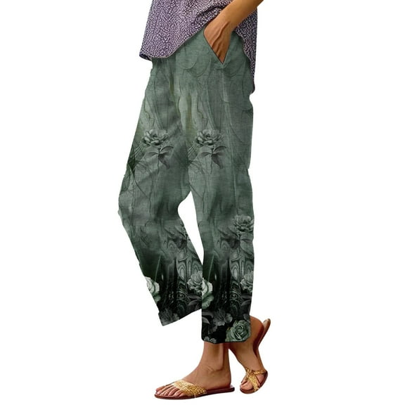 YUANGUANST Wide Leg Pants Woman Women's Casual Boho Floral Print Stripe Cotton Linen Pants Elastic Waisted Summer Spring Beach Baggy Office Slacks