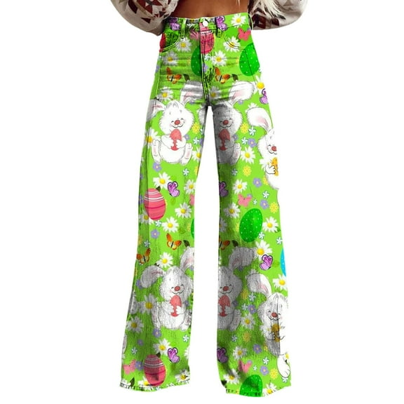 YUANGUANST Wide Leg Pants Woman Women's Easter Bunny Egg Print Plus Size Wide Leg Pants Office Slacks