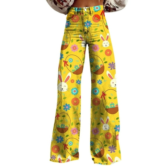 YUANGUANST Wide Leg Pants Woman Women's Easter Bunny Egg Print Plus Size Wide Leg Pants Office Slacks