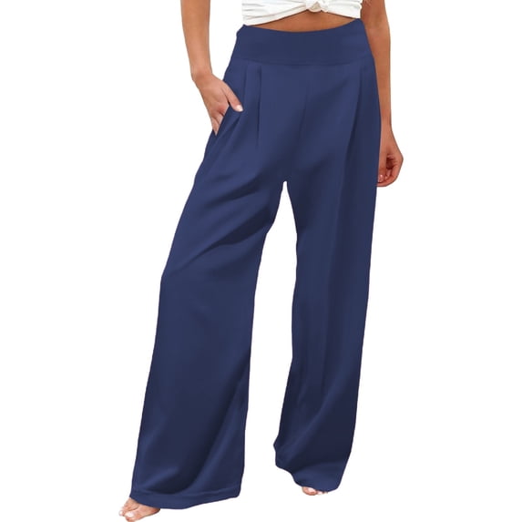 YUANGUANST Wide Leg Pants Woman Women's Solid Loose Relaxed High Waist Pocket Wide Leg Pants Business Work Casual Pants