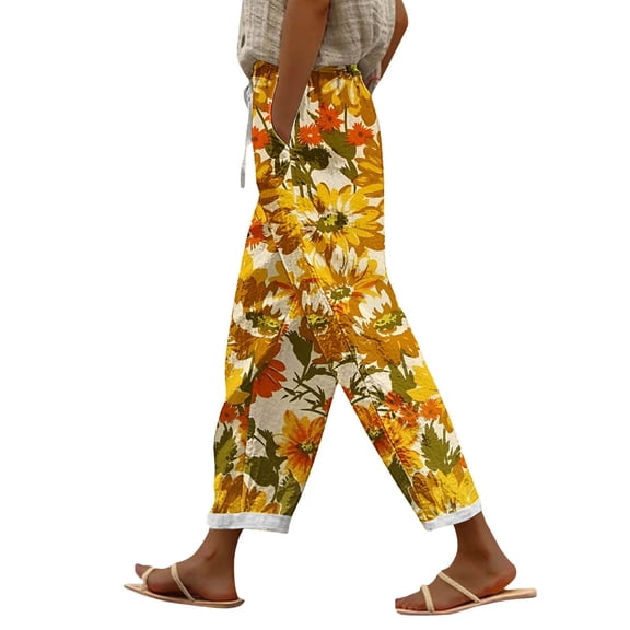 YUANGUANST Wide Leg Pants Woman Women's Spring And Summer Casual 3D Printed Back Pocket Cotton And Linen Pants Business Work Casual Pants