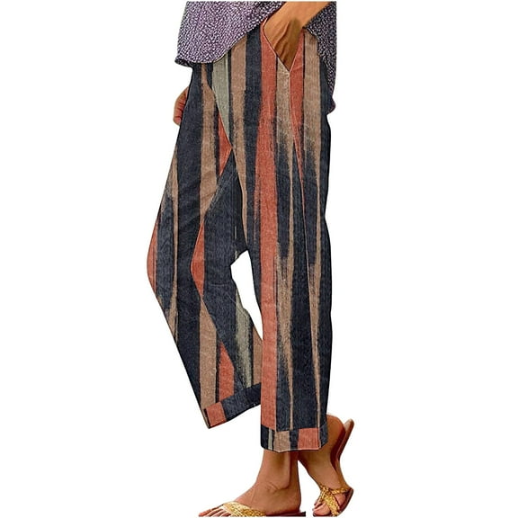 YUANGUANST Wide Leg Pants Woman Women's Striped Design Loose Pocket Casual Pants Office Slacks