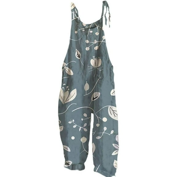 YUANGUANST Wide Leg Pants Woman Womens Boho Floral Jumpsuits Cotton Linen Sleeveless Spaghetti Strap Baggy Romper Wide Leg Overalls With Pockets Business Work Casual Pants