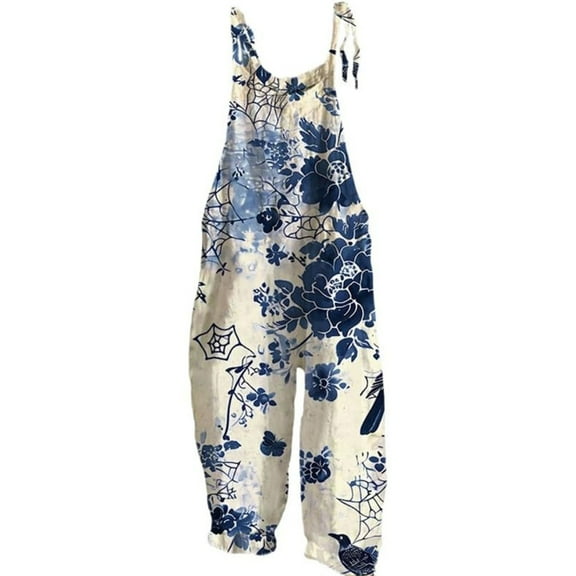 YUANGUANST Wide Leg Pants Woman Womens Boho Floral Jumpsuits Cotton Linen Sleeveless Spaghetti Strap Baggy Romper Wide Leg Overalls With Pockets Business Work Casual Pants