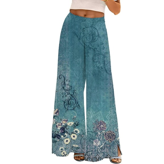 YUANGUANST Wide Leg Pants Woman Womens Wide Leg Palazzo Pants Boho Floral 2025 Summer Beach Culottes Flowy Casual Trousers For Vacation Office Slacks