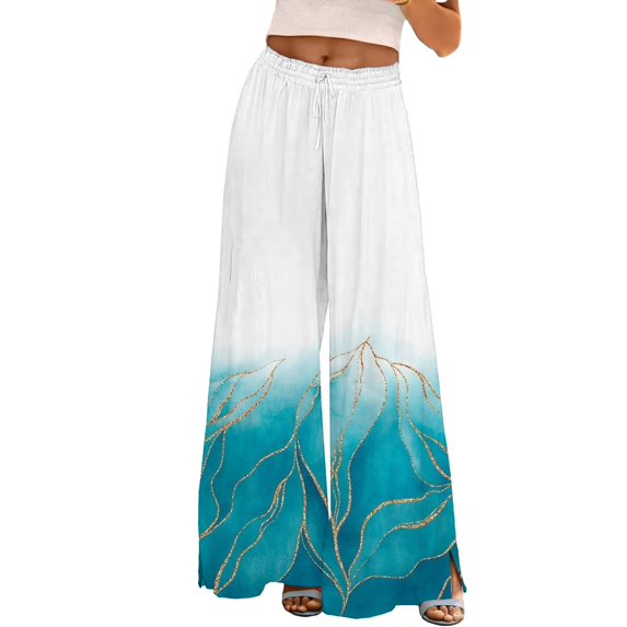 YUANGUANST Wide Leg Pants Woman Womens Wide Leg Palazzo Pants Boho Floral 2025 Summer Beach Culottes Flowy Casual Trousers For Vacation Office Slacks