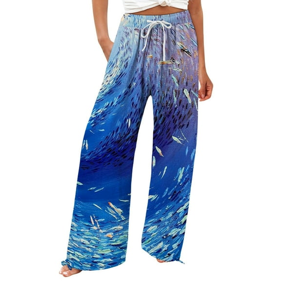 YUANGUANST Women's Wide Leg Pants Women's Beach Boho Style Loose Casual Straight Leg Pants Office Slacks