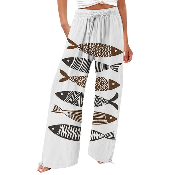 YUANGUANST Women's Wide Leg Pants Women's Beach Boho Style Loose Casual Straight Leg Pants Office Slacks