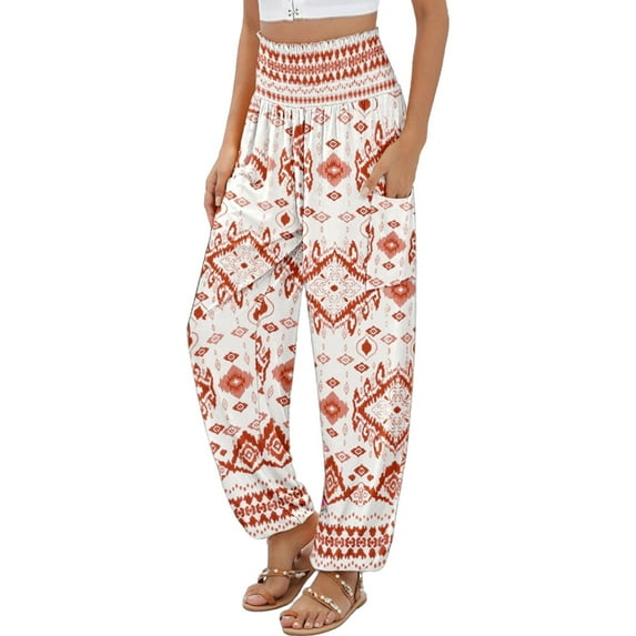 YUANGUANST Women's Wide Leg Pants Women's Casual And Fashionable Beach Elastic Waist Wide Leg Pants With Colorful Floral Print Pockets Business Work Casual Pants