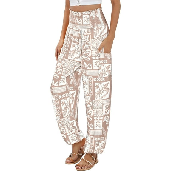 YUANGUANST Women's Wide Leg Pants Women's Casual And Fashionable Beach Elastic Waist Wide Leg Pants With Colorful Floral Print Pockets Business Work Casual Pants