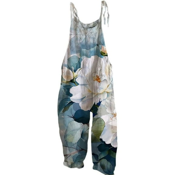 YUANGUANST Women's Wide Leg Pants Womens Boho Floral Jumpsuits Cotton Linen Sleeveless Spaghetti Strap Baggy Romper Wide Leg Overalls With Pockets Office Slacks
