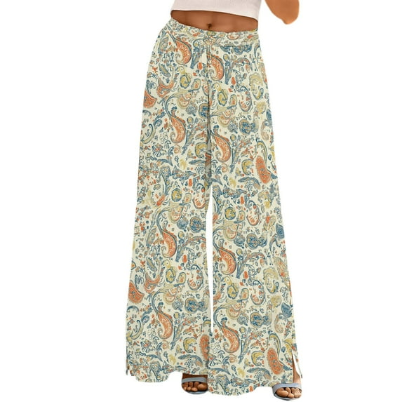 YUANGUANST Women's Wide Leg Pants Womens Wide Leg Palazzo Pants Boho Floral 2025 Summer Beach Culottes Flowy Casual Trousers For Vacation Business Work Casual Pants