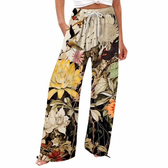 YUANGUANST Womens Dress Pants Women's Boho Wide Leg Palazzo Pants Womens Cotton Casual Loose Pants Comfy Work Pants With Long Casual Wide Leg Business Work Casual Pants