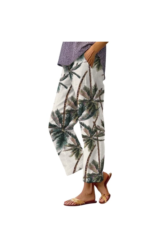 T Womens Dress Pants Women's Casual Boho Floral Print Stripe Cotton Linen Pants Elastic Waisted Summer Spring Beach Baggy Business Work Casual Pants