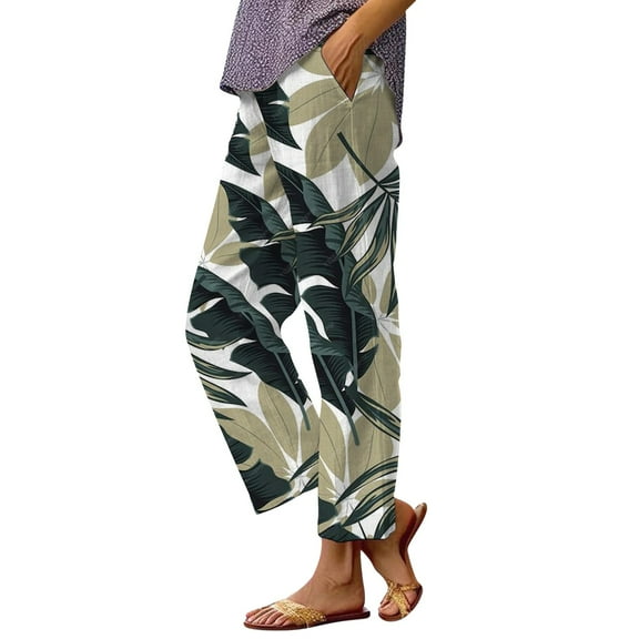YUANGUANST Womens Dress Pants Women's Casual Boho Floral Print Stripe Cotton Linen Pants Elastic Waisted Summer Spring Beach Baggy Office Slacks