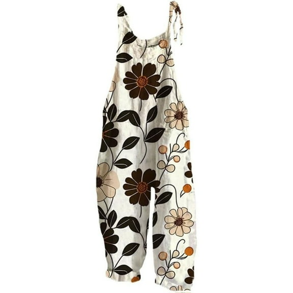 YUANGUANST Womens Dress Pants Womens Boho Floral Jumpsuits Cotton Linen Sleeveless Spaghetti Strap Baggy Romper Wide Leg Overalls With Pockets Office Slacks