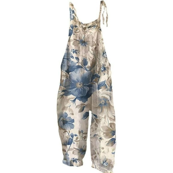 YUANGUANST Womens Dress Pants Womens Boho Floral Jumpsuits Cotton Linen Sleeveless Spaghetti Strap Baggy Romper Wide Leg Overalls With Pockets Office Slacks