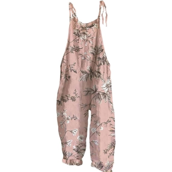 YUANGUANST Womens Dress Pants Womens Boho Floral Jumpsuits Cotton Linen Sleeveless Spaghetti Strap Baggy Romper Wide Leg Overalls With Pockets Office Slacks