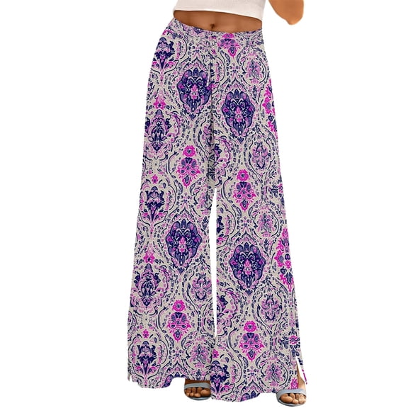 YUANGUANST Womens Dress Pants Womens Wide Leg Palazzo Pants Boho Floral 2025 Summer Beach Culottes Flowy Casual Trousers For Vacation Business Work Casual Pants