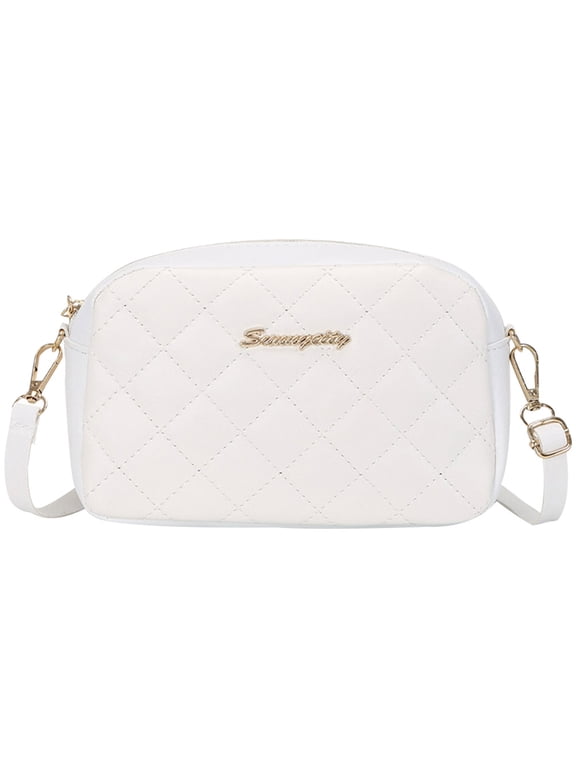 Women Embroidered Crossbody Bag PU Lattice Shoulder Messenger Bag (White)
