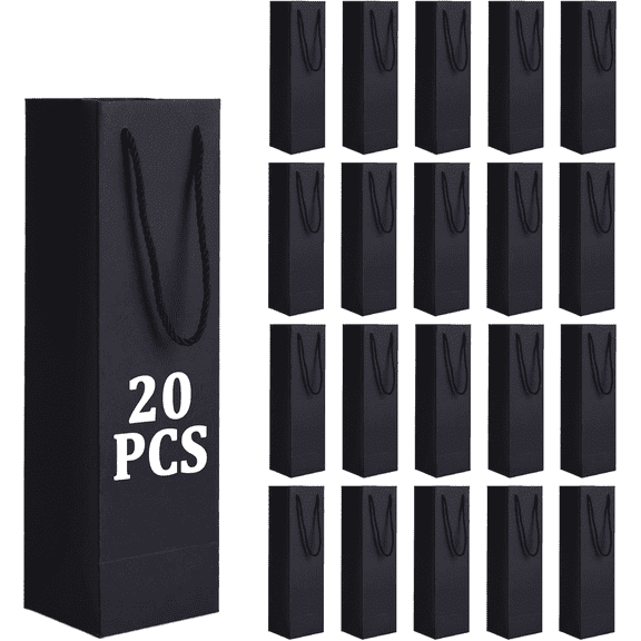 YUANSONG 20 Pack Kraft Paper Wine Bags with Handles, 13.7x3.8x3.8 Inch Black Wine Bottle Gift Bags for Wedding, Shower, Birthday, Mother's Day, Whiskey Champagne Bottle Gifting