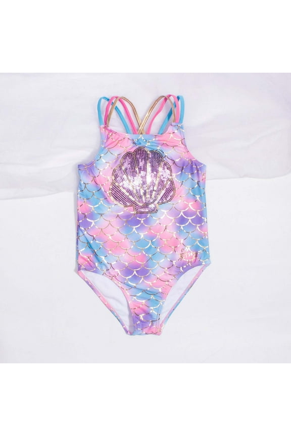 Kids Swimsuits Fish Scale Tail Swimsuit Set New Summer Memaid Pice Swimsuit For Girls With Sequins Beach Themed Kids' Swimwear.