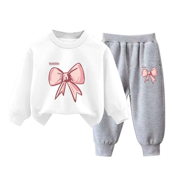 YUANxueke 2-Piece Girls Bowknot Graphic Sweatsuit Long Sleeve Pullover Sweatshirt & Tapered Joggers Casual Athletic Warm Outfits,White,3 Years