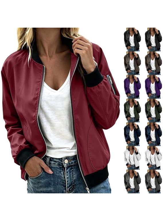 Bomber Jacket for Women Full Zip Baseball Collar Flight Jacket Casual Long Sleeve Outerwear with Pockets,Size S-2XL
