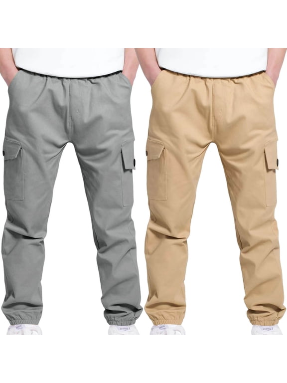 Boys 2-Pack Cargo Pants Workout Athletic Outdoor Hiking Pants Casual Tapered Leg Active Pants with Multi Pockets for 4-13 Years